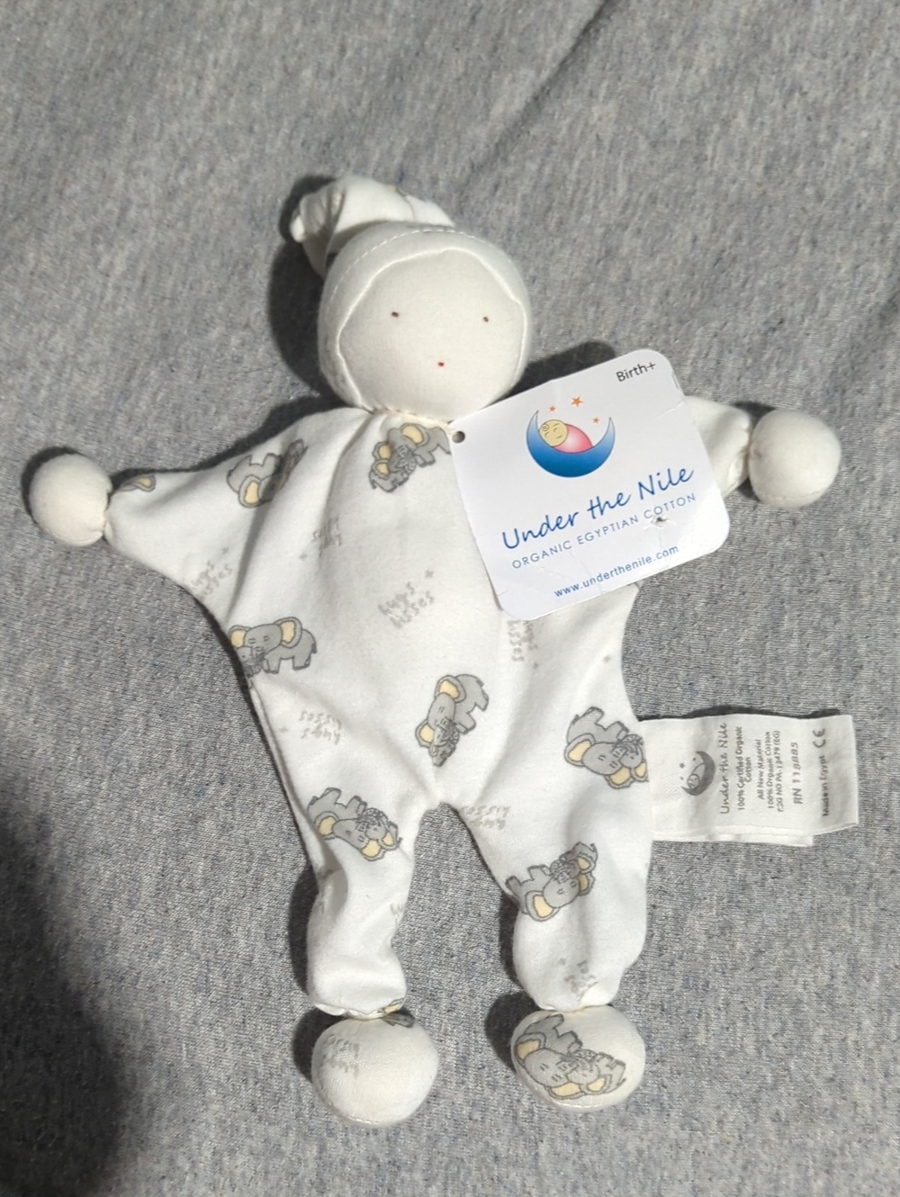 Under The Nile 100% Organic Cotton Baby Doll Lovey with Elephant Print Outfit